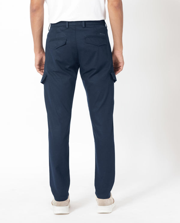 Rare Rabbit Men's Curo Navy Solid Mid-Rise Regular Fit Cargo Style Trouser