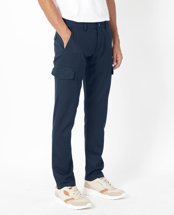 Rare Rabbit Men's Curo Navy Solid Mid-Rise Regular Fit Cargo Style Trouser
