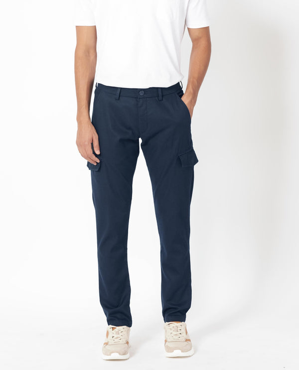 Rare Rabbit Men's Curo Navy Solid Mid-Rise Regular Fit Cargo Style Trouser