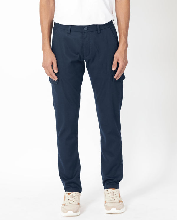 Rare Rabbit Men's Curo Navy Solid Mid-Rise Regular Fit Cargo Style Trouser