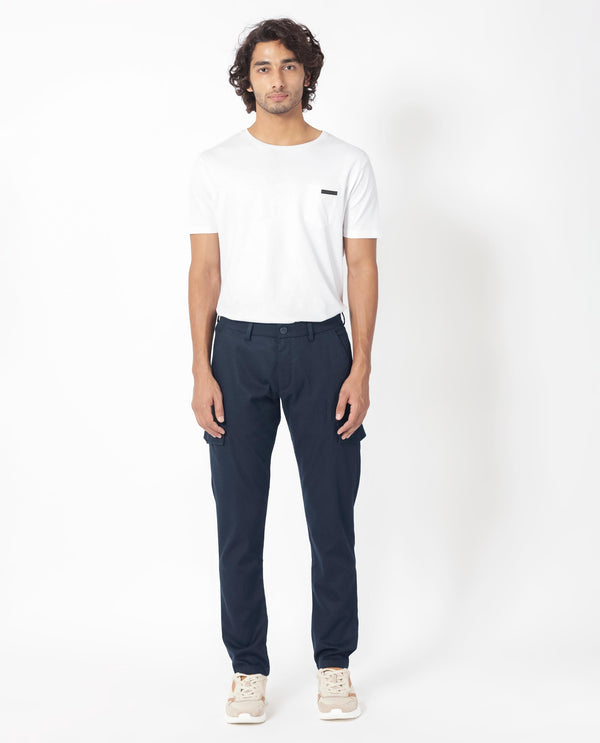 Rare Rabbit Men's Curo Navy Solid Mid-Rise Regular Fit Cargo Style Trouser