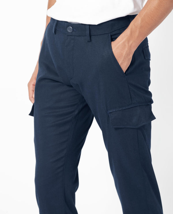 Rare Rabbit Men's Curo Navy Solid Mid-Rise Regular Fit Cargo Style Trouser