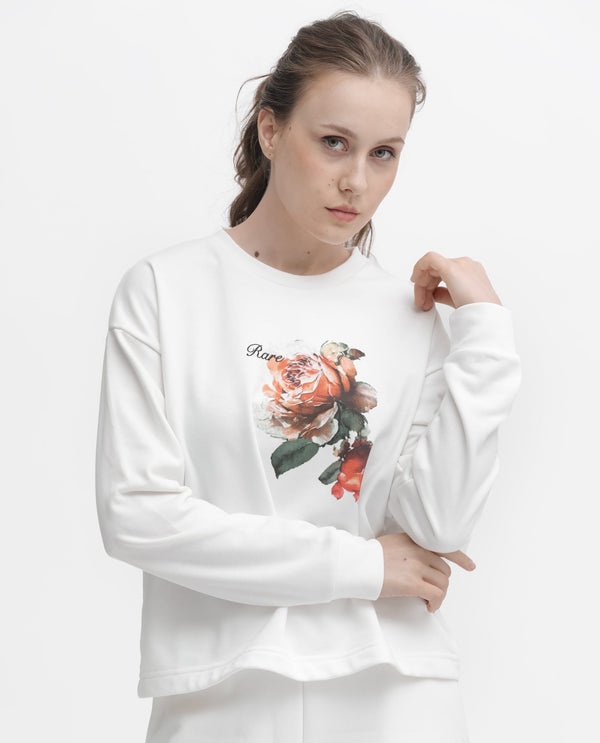 Rareism Articale Women Curtin Off White Poly Cotton Fabric Full Sleeves Crew Neck Regular Fit Graphic Print Sweatshirt