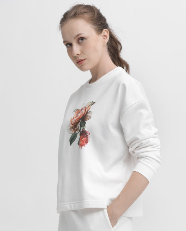 Rareism Articale Women Curtin Off White Poly Cotton Fabric Full Sleeves Crew Neck Regular Fit Graphic Print Sweatshirt