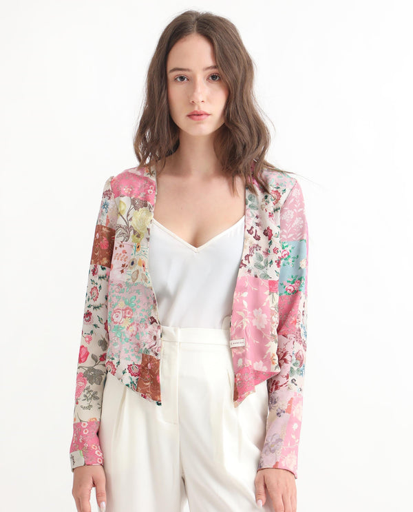 Rareism Women Cyan Beige Polyester Fabric Full Sleeves Regular Fit Floral Print Shrug