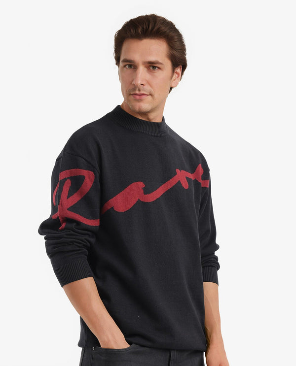 Rare Rabbit Men's Cyan Black Full Sleeve Crew Neck Regular Fit Placement Print Branded Textured Sweater