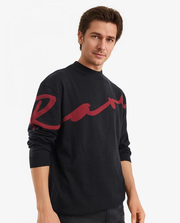 Rare Rabbit Men's Cyan Black Full Sleeve Crew Neck Regular Fit Placement Print Branded Textured Sweater