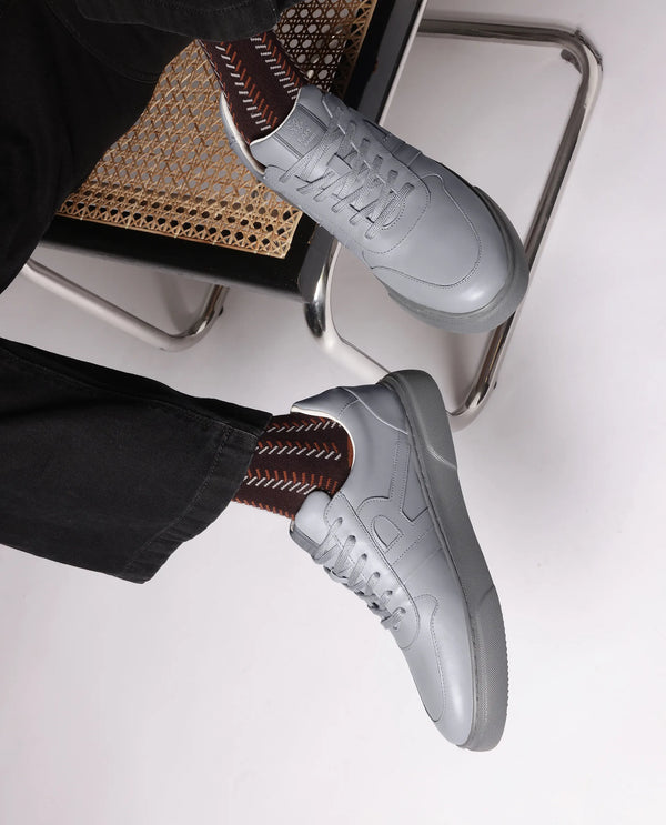 Rare Rabbit Men's Cygnus Grey Genuine Leather Monotone Low-top Lace-up Branded Sneaker Shoes