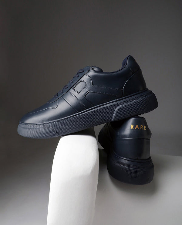 Rare Rabbit Men's Cygnus Navy Genuine Leather Monotone Low-top Lace-up Branded Sneaker Shoes