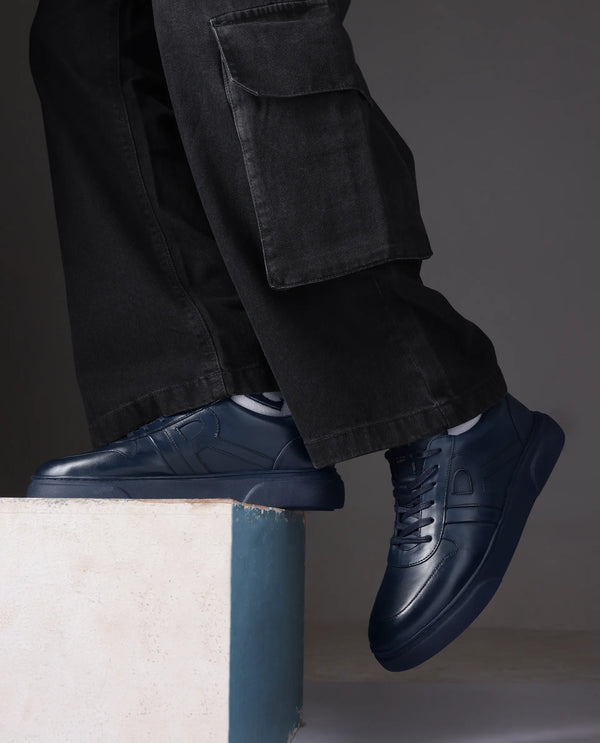Rare Rabbit Men's Cygnus Navy Genuine Leather Monotone Low-top Lace-up Branded Sneaker Shoes
