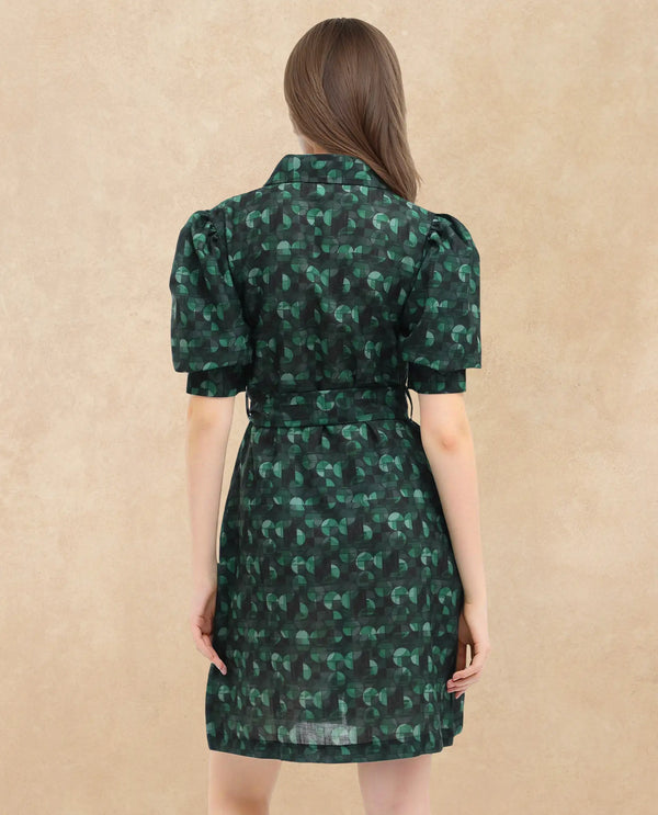Rareism Women's Cynthia Dark Green Linen Fabric Drop Collar Button Closure Puff Sleeve Abstract Straight Fit Mini Dress