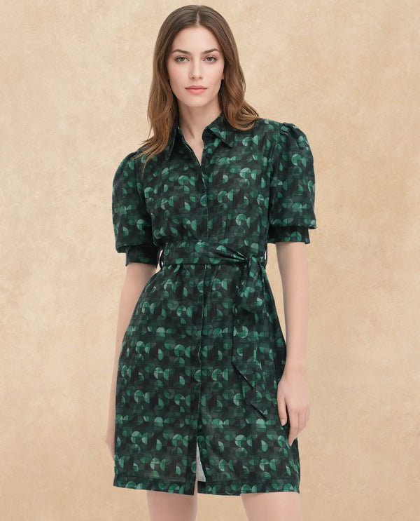 Rareism Women's Cynthia Dark Green Linen Fabric Drop Collar Button Closure Puff Sleeve Abstract Straight Fit Mini Dress