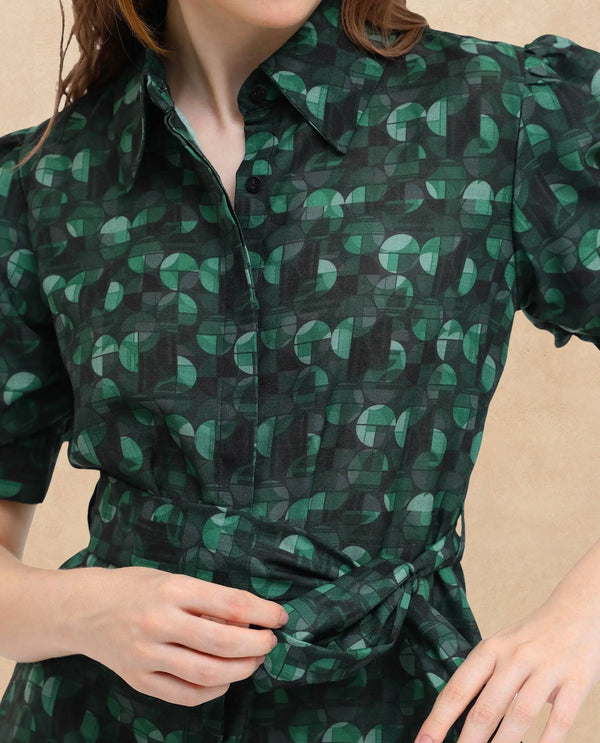Rareism Women's Cynthia Dark Green Linen Fabric Drop Collar Button Closure Puff Sleeve Abstract Straight Fit Mini Dress