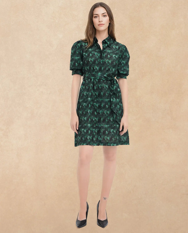 Rareism Women's Cynthia Dark Green Linen Fabric Drop Collar Button Closure Puff Sleeve Abstract Straight Fit Mini Dress