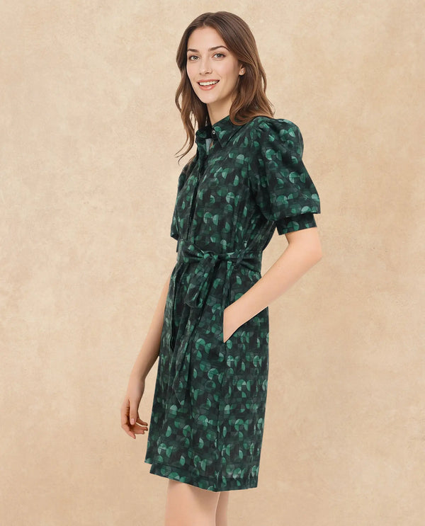 Rareism Women's Cynthia Dark Green Linen Fabric Drop Collar Button Closure Puff Sleeve Abstract Straight Fit Mini Dress