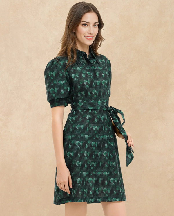 Rareism Women's Cynthia Dark Green Linen Fabric Drop Collar Button Closure Puff Sleeve Abstract Straight Fit Mini Dress
