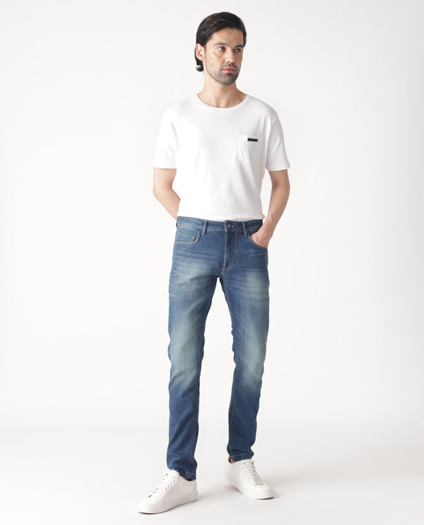 Rare Rabbit Men's Cyr Light Blue Mid Wash Mid-Rise Slim Fit Jeans