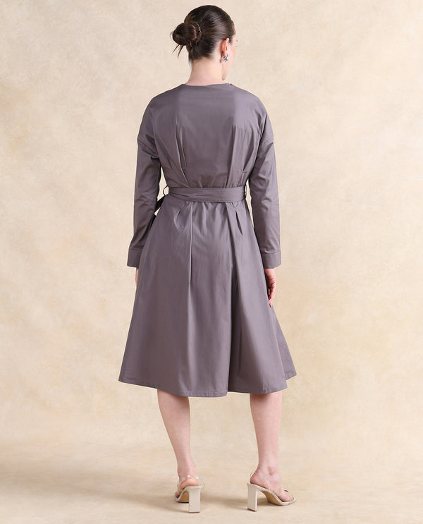 Rareism Women Cyti Grey Cotton Blend Fabric Cuffed Sleeve Round Neck Zipper Closure Flared Knee Length Plain Dress