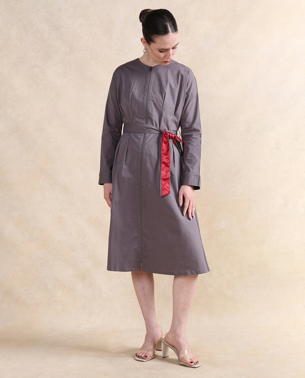 Rareism Women Cyti Grey Cotton Blend Fabric Cuffed Sleeve Round Neck Zipper Closure Flared Knee Length Plain Dress