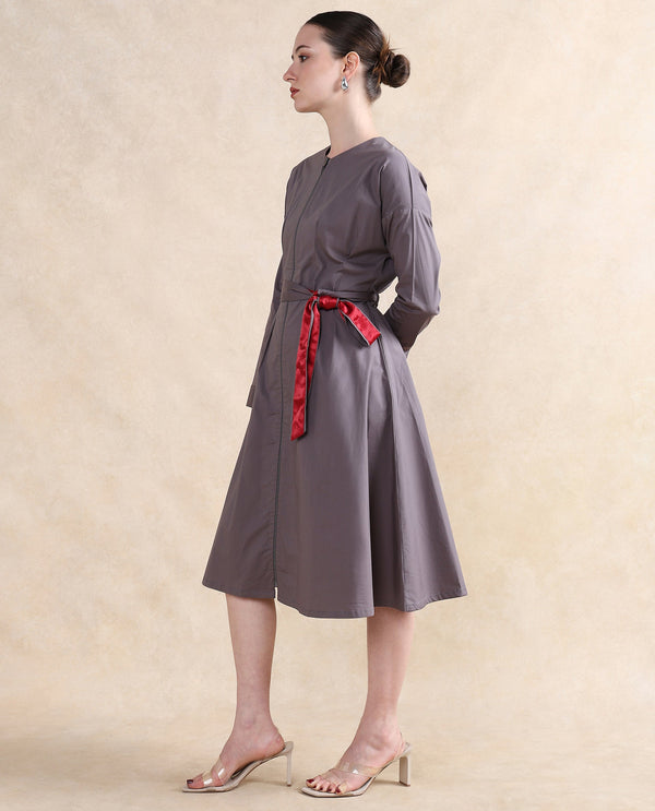 Rareism Women Cyti Grey Cotton Blend Fabric Cuffed Sleeve Round Neck Zipper Closure Flared Knee Length Plain Dress