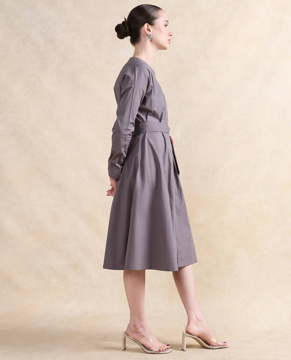 Rareism Women Cyti Grey Cotton Blend Fabric Cuffed Sleeve Round Neck Zipper Closure Flared Knee Length Plain Dress
