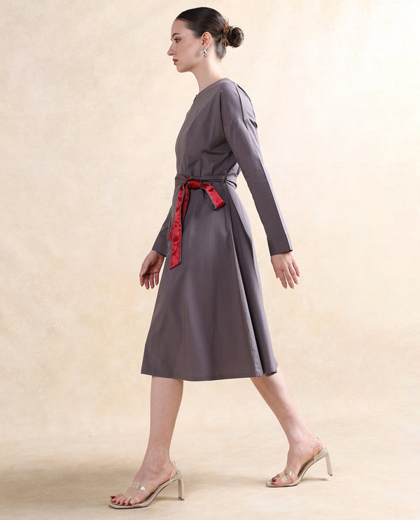Rareism Women Cyti Grey Cotton Blend Fabric Cuffed Sleeve Round Neck Zipper Closure Flared Knee Length Plain Dress