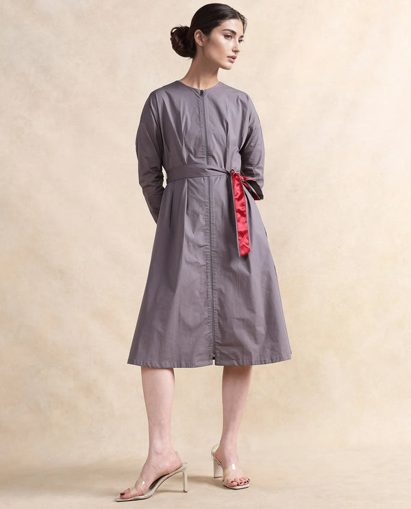 Rareism Women Cyti Grey Cotton Blend Fabric Cuffed Sleeve Round Neck Zipper Closure Flared Knee Length Plain Dress