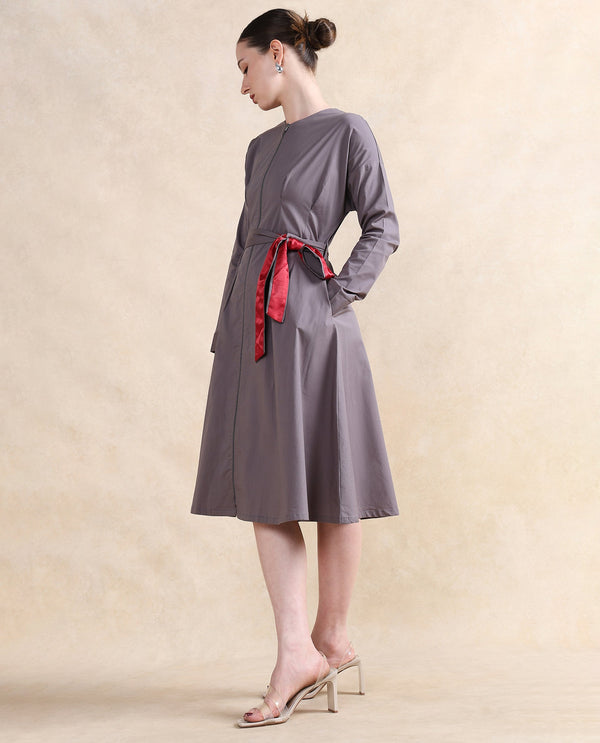 Rareism Women Cyti Grey Cotton Blend Fabric Cuffed Sleeve Round Neck Zipper Closure Flared Knee Length Plain Dress