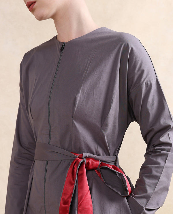 Rareism Women Cyti Grey Cotton Blend Fabric Cuffed Sleeve Round Neck Zipper Closure Flared Knee Length Plain Dress