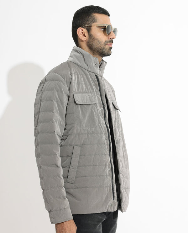 Rare Rabbit Mens Cadiz Silver Jacket Polyester Fabric High Neck Woven Full Sleeves Button And Zip Closure Comfortable Fit