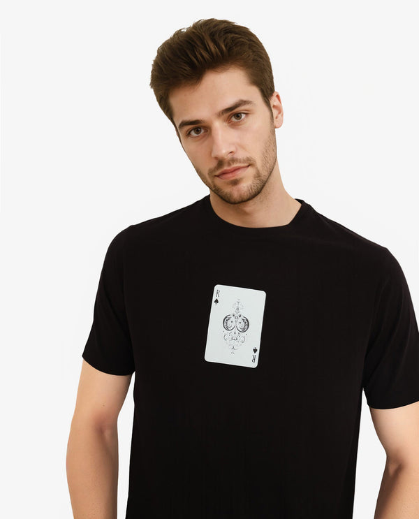 Rare Rabbit Men Caf Black Cotton Lycra Fabric Short Sleeve Crew Neck Regular Fit Graphic Print T-Shirt