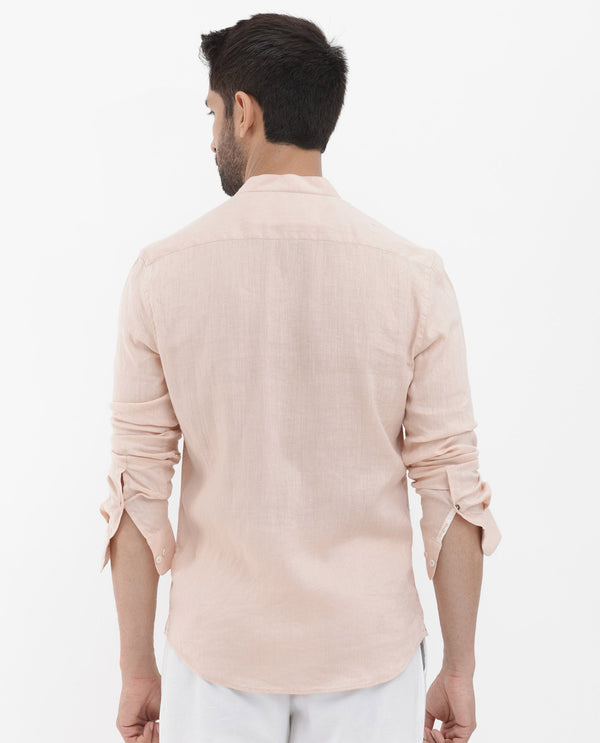 Rare Rabbit Men's Cinex Pastel Peach Linen Fabric Mandarin Collar Full Sleeve Solid Shirt