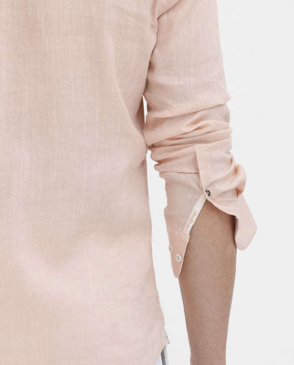 Rare Rabbit Men's Cinex Pastel Peach Linen Fabric Mandarin Collar Full Sleeve Solid Shirt
