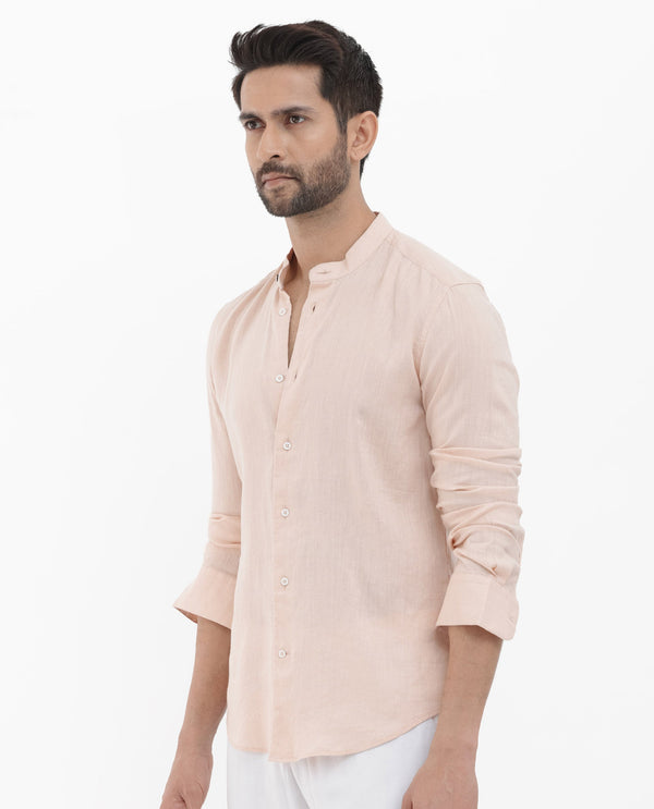 Rare Rabbit Men's Cinex Pastel Peach Linen Fabric Mandarin Collar Full Sleeve Solid Shirt