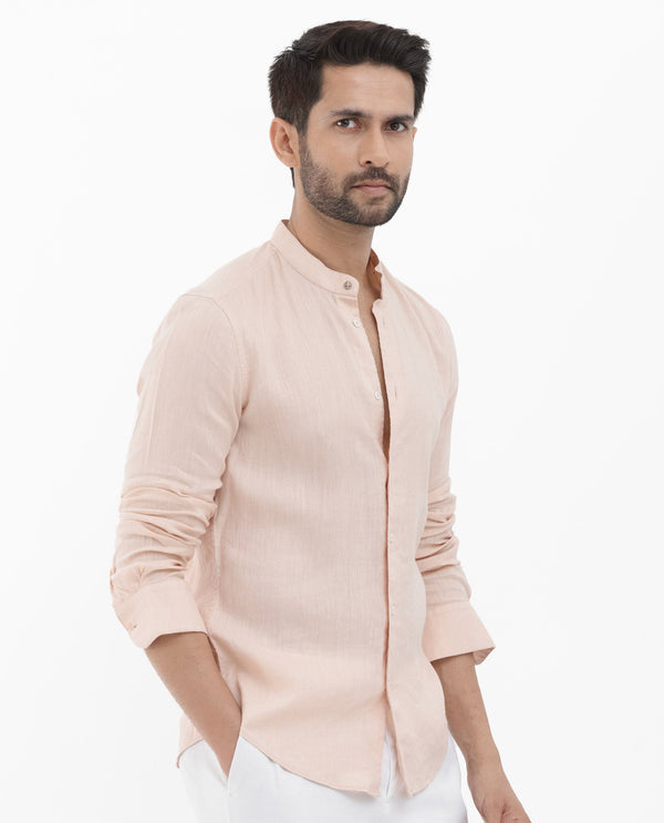 Rare Rabbit Men's Cinex Pastel Peach Linen Fabric Mandarin Collar Full Sleeve Solid Shirt