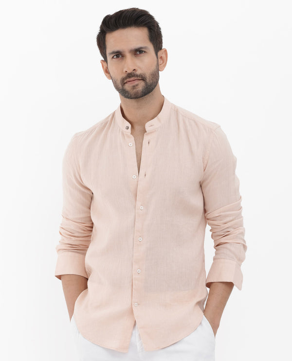 Rare Rabbit Men's Cinex Pastel Peach Linen Fabric Mandarin Collar Full Sleeve Solid Shirt