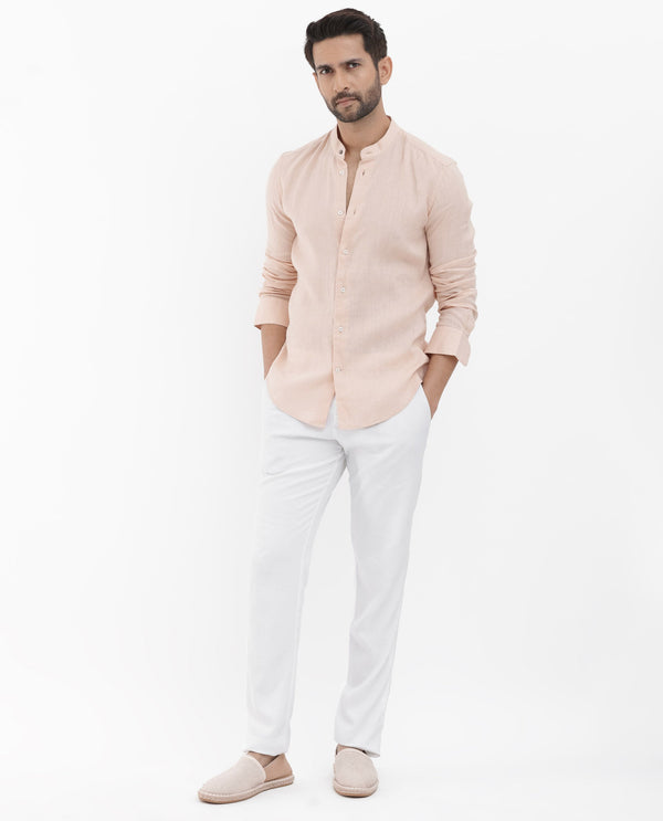 Rare Rabbit Men's Cinex Pastel Peach Linen Fabric Mandarin Collar Full Sleeve Solid Shirt