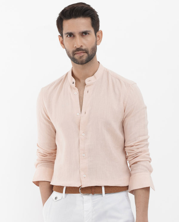 Rare Rabbit Men's Cinex Pastel Peach Linen Fabric Mandarin Collar Full Sleeve Solid Shirt