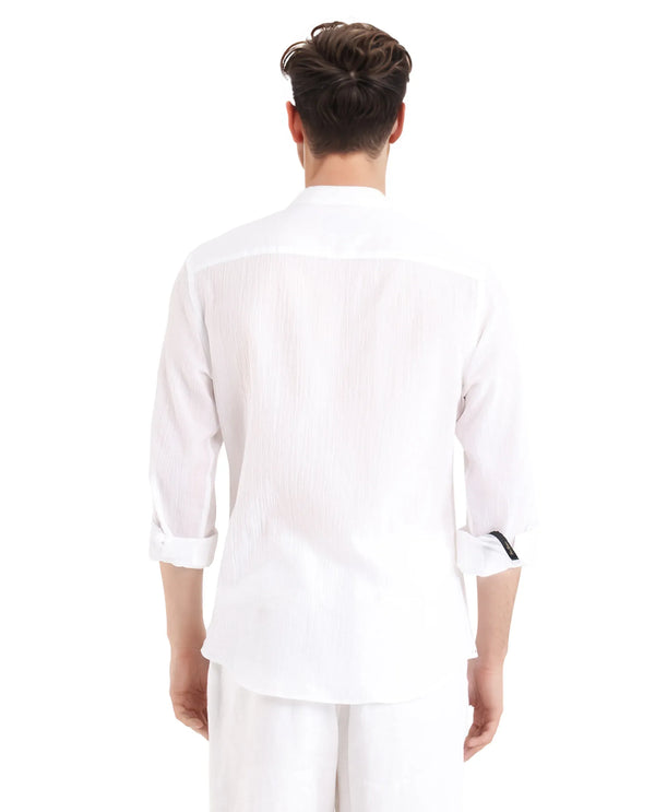 Rare Rabbit Men Crinkle-25 White Cotton Fabric Mandarin Collar Full Sleeves Solid Crinkle Effect Solid Shirt