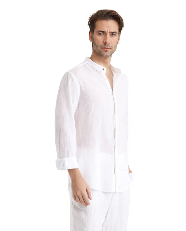 Rare Rabbit Men Crinkle-25 White Cotton Fabric Mandarin Collar Full Sleeves Solid Crinkle Effect Solid Shirt