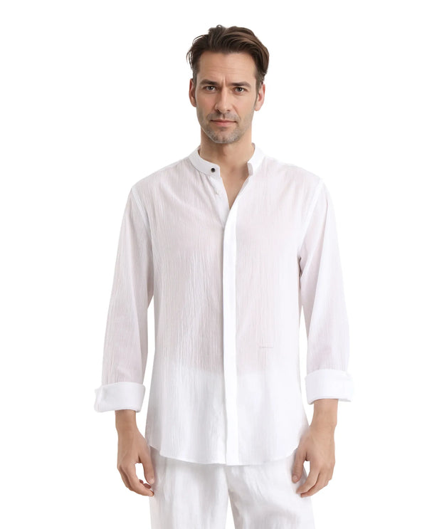 Rare Rabbit Men Crinkle-25 White Cotton Fabric Mandarin Collar Full Sleeves Solid Crinkle Effect Solid Shirt