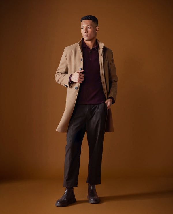 Rare Rabbit Men Dune-2 Mustard Polyester Rayon Fabric Full Sleeve High Neck Button Closure Textured Long Coat