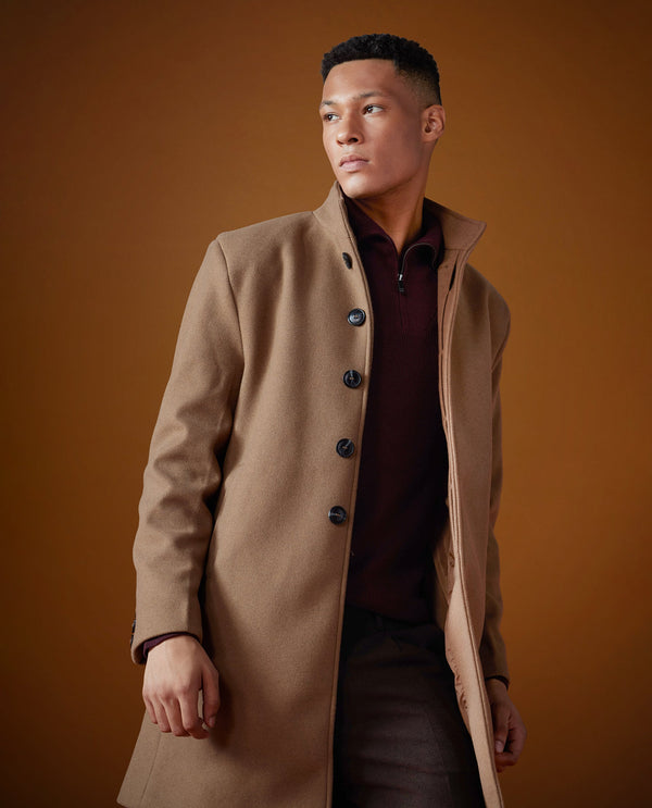Rare Rabbit Men Dune-2 Mustard Polyester Rayon Fabric Full Sleeve High Neck Button Closure Textured Long Coat
