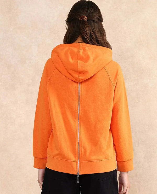Rareism Women Dae Orange Cotton Blend Fabric Full Sleeve Hooded Zipper Closure Relaxed Fit Plain Sweatshirt