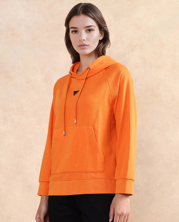 Rareism Women Dae Orange Cotton Blend Fabric Full Sleeve Hooded Zipper Closure Relaxed Fit Plain Sweatshirt