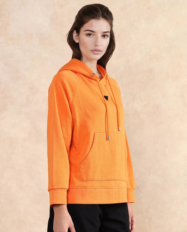 Rareism Women Dae Orange Cotton Blend Fabric Full Sleeve Hooded Zipper Closure Relaxed Fit Plain Sweatshirt