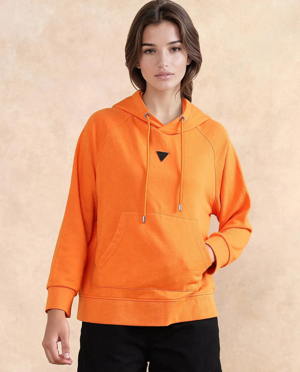 Rareism Women Dae Orange Cotton Blend Fabric Full Sleeve Hooded Zipper Closure Relaxed Fit Plain Sweatshirt