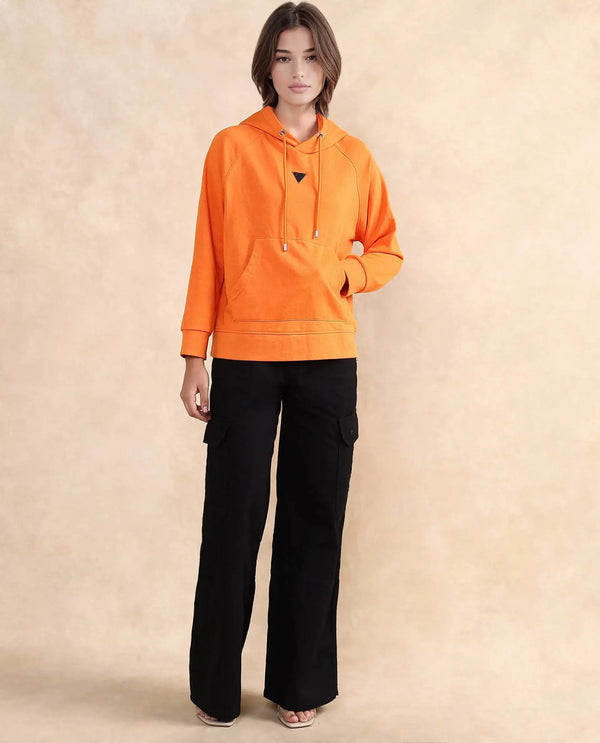 Rareism Women Dae Orange Cotton Blend Fabric Full Sleeve Hooded Zipper Closure Relaxed Fit Plain Sweatshirt