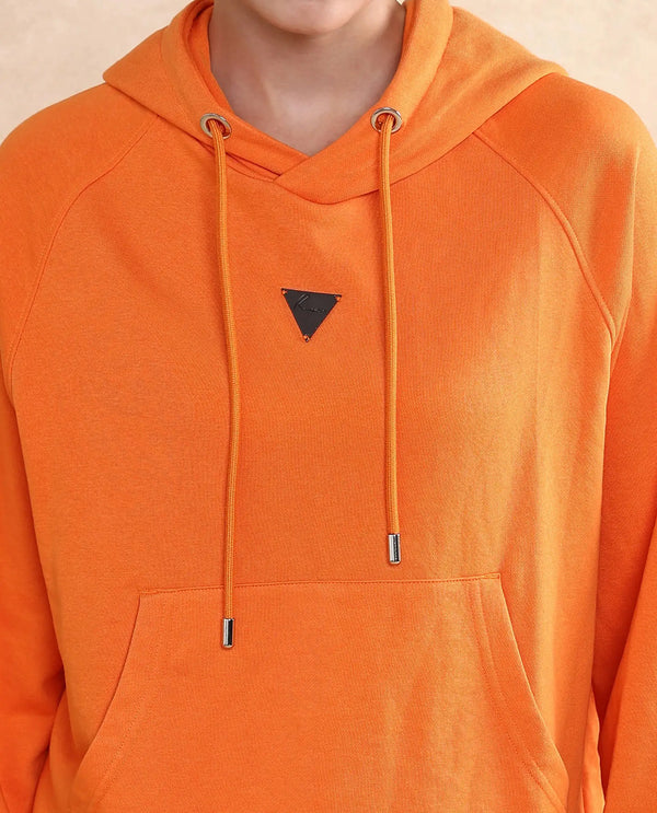 Rareism Women Dae Orange Cotton Blend Fabric Full Sleeve Hooded Zipper Closure Relaxed Fit Plain Sweatshirt