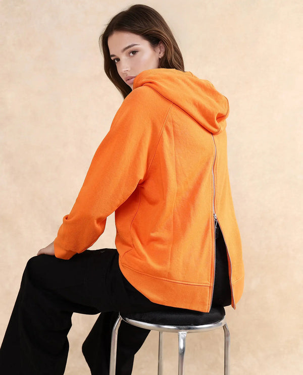 Rareism Women Dae Orange Cotton Blend Fabric Full Sleeve Hooded Zipper Closure Relaxed Fit Plain Sweatshirt